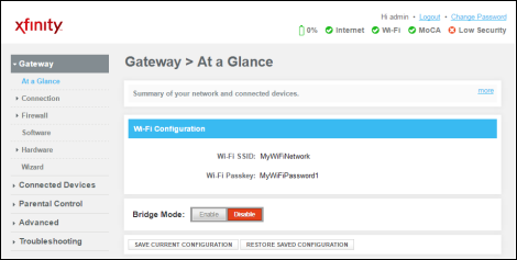 Gateway at a Glance screen with Wifi SSID and Passkey displaying.