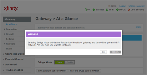 Warning dialog box informing user about Enabling Bridge mode