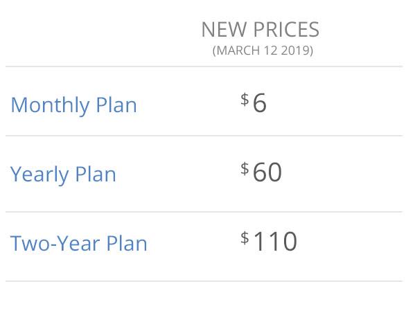 New prices March 12, 2019. Monthly Plan $6. Yearly Plan $60. Two-Year Plan $110.|586x452